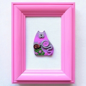 Obrázek kočka a šnek v růžovém rámečku